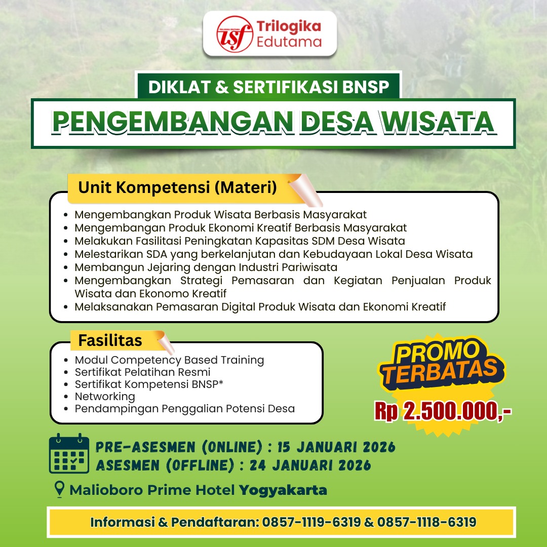 FULL PROMO! DIKLAT DAN SERTIFIKASI BNSP PENGEMBANGAN DESA WISATA!!